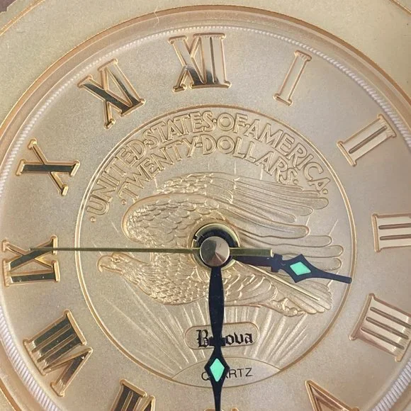 Vintage BULOVA 1907 St.Gaudens Double Eagle Gold Coin Wind-up Alarm Clock - Picture 4 of 6
